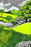 Placeholder: A lime green hilly fields with flowers painted by Roy Lichtenstein