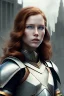 Placeholder: ultrarealistic, concept art, ruined city,__intricate fantasy armor__, no star, __angles__, 18 year old woman, strikingly beautiful,ginger hair, _colour_, (pale __skincolor__ skin:1.2), __camera__, long hair, detailed face and eyes, medium breasts, sci-fi theme, freckles, dynamic pose, resolved expression, __accessory__, strappy outfit, (straps:1.1), sword in scabbard on left hip, (buckles, buttons, snaps, rings:1.0), haltertop style breastplate, detailed eyes, plump lips