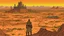 Placeholder: Desert warrior from behind looking at a city on a plateau in the distance, comic style