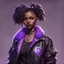 Placeholder: arcane tv show style, league of legends, solo, 1girl, attractive teenager, african, dark skin, dark-brown eyes, black hair, pair buns, (violet strand in forehead bang), necklace, earrings, modern makeup, (detailed skin texture), old leather jacket with violet fur collar, oversized torn t-shirt with half-erased unknown music group logo, You can see through the wide holes in the t-shirt her acid-green sport top, dark background, bokeh, cinematic atmosphere