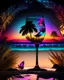 Placeholder: Stunning conceptual beach scene illustration in cocktail glass silhouette. Beach with vibrant colors, sunset sky and coast with palm trees. Cinematic black background, the glass looks like a window to a tropical paradise.12k 3D HD hyper-realistic Image quality CodeFormer AI 12K, cute flower fairy with bright wings like morning dew, flutters from flower to flower. Hair in curls,adorned with petals and pollen, mysterious phoenix woman,her silhouette made with interconnected and integrated elements