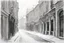 Placeholder: street in Vienna, snow, sunshine, very simple pencil sketch, black and white