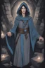 Placeholder: A DnD character in a dark cave. A mysterious half-elf twilight cleric with dark hair and blue eyes. Wearing a grey robe with star symbols on it.