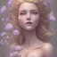 Placeholder: fairy style, head, women, portrai,long hair beautiful one nude body of a make up smiling woman blond long hair, alone, high key lighting, volumetric light high details with white stripes and big blue eye, smiling with plump pink lips, flowers around, unreal engine petit prince belle fine, profil de trois quart, grand front cosmique, peau bleu cristalline, yeux bleu, perle sur le front long cheveux blond et rose etoilé, cristaux sur le corps, collier de grande princes