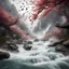 Placeholder: photorelastic Rustic cherry branches floating down narrow rushing river, violent rapids, white peaks, birds flying. Highly detailed, fantasy, beautiful,hyperrelastic,