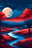 Placeholder: Desert with trees and river, moon at night, blue and red clouds