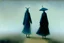 Placeholder: two people without gender seen from behind walking side by side in an empty foggy plain, above there is blue sky by artist "Leonora Carrington",by artist "Christian Schloe"