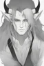 Placeholder: A dnd character portrait, a tiefling man with long hair and two black horns, white eyes and pale skin. Handsome. Young.