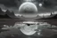 Placeholder: grey sky, planet in the sky, puddle, sci-fi, mountains, galactic cosmic influence