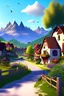 Placeholder: Beautiful village, houses, Mountains, trees, birds, beautiful,3d illustration.