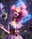 Placeholder: Ultra realistic wonderland photo, happy blonde woman smoking a shisha, blue dress, purple-cat friend, circus dress style, old school tattoo, smoke, marijuana garden, glow eyes, perfect iris, soft color, highly detailed, unreal engine 5, cinematic, ultra detail, volumetric lighting, high definition.