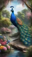 Placeholder: Create a picture of a strange colorful peacock standing near its twigs of branches and flowers lying on the river bank, decorated with flowers, highly detailed, maximalist, dreamy setting, high fine defined details, sharp, high resolution HDR 8x Modifiers: מרשים במיוחד זוהר במיוחד יצירתי ומיוחד מסובך