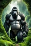 Placeholder: A giant rising gorilla his eyes are huge and wise, he has a sleepy expression ,his body overgrown with moss and vegetation, looking at small human ,as seen from behind the human,lush phantasy setting, fantastical world build, immaculate resolution, immaculate details,8K quality, animals frolic around