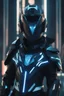 Placeholder: cyberpunk, neon blue, triangle of light floating behind the back, cyber armor, geometric patterns on an armor, male