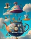 Placeholder: A surrealist composition of a giant teapot, pouring hot liquid into a floating cup in the sky, surrounded by an array of strange and whimsical objects like clocks, umbrellas, and top hats.