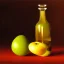 Placeholder: still life bottle half fruit