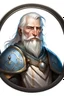 Placeholder: Please create an image for a 30-year old half-aasimar male with silver hair and a silver beard and blue eyes. He is a cleric of Selune, whose symbol should be placed on the cleric's shield, if visible in the image. The cleric should be wearing either medium or heavy armor, and carrying a warhammer or a mace and a shield