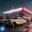 Placeholder: Ultra Realistic retro sci-fi burst Supermarket parking scene, 1960 year, blonde woman, sweet scarlet Johansson face, perfect iris, glow eyes, face makeup, tight latex coat; many panic people looking, Retro sci-fi style, soft color, highly detailed, unreal engine 5, ray tracing, RTX, lumen lighting, ultra detail, volumetric lighting, 3d, finely drawn, high definition, high resolution.