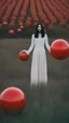 Placeholder: a woman standing in a field holding red ball, inspired by Ren Hang, design milk, long black hair, whites, wanderers traveling from afar, trending on artisation, cloning spell, coat pleats, in twin peaks, submarine, by Helen Thomas Dranga, symetry, round-cropped, noire photo