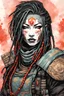 Placeholder: front facing portrait illustration of a gothpunk armored female , beaded dreadlock hair, vampire mercenary wearing an ancient ornate japanese kitsune mask , and shemagh, highly detailed with gritty post apocalyptic textures, caught in a cosmic maelstrom of swirling gases , finely detailed facial features and hair, in the graphic novel style of Bill Sienkiewicz, and Jean Giraud Moebius, ink wash and watercolor with realistic light and shadow