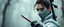 Placeholder: pen outline and airbrush, female ninja doctor in the wild, blurred realistic background
