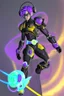 Placeholder: A Genderless Cyborg made of metal, has a human like face with a long violet ponytail, the cybord is wearing armor similar to Megaman Omega. The color palatte of the armour is deep purple and yellow.