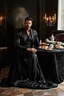 Placeholder: "prompt": "A dark, moody, surreal scene of a rugged auto mechanic at a decadent high tea. Instead of workwear, he now wears a flowing, high-fashion silk gown — glossy black with crimson undertones, draped dramatically yet smeared with streaks of oil and dust. BALL gown clings to his BUFF muscular frame while long folds cascade onto the cracked marble floor. He sits at a grand, candlelit tea table covered in black velvet, where tarnished silver trays hold eerie pastries, shattered porcelain cups