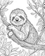 Placeholder: create a 2d black outline, "safari smiling cartoon sloth on a branch coloring book for kids", coloring page, low details design, black contour, coloring page design, simple background, colorful , card style, coloring page for kids, white background, sketch style, safari landscape, cartoon style