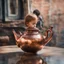 Placeholder: The reflection of a child on the surface of an old copper teapot