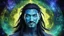 Placeholder: beautiful gorgeous young man na'vi with long hair, Avatar, blue skin, two small ears, green eyes, black hair, in cosmic suit, galactic ambiance, medium pointy goatee , smiling, nebulas and sacred geometry light figures on the backgroud,