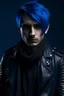 Placeholder: mysterious boy with dark blue hair and leather jacket