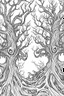 Placeholder: A creepy forest with gnarled trees, glowing eyes peeking through the darkness.. Outline, sketch style, only use outline, mandala style, clean line art, white background, no shadows, no clear wall, coloring page.