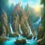 Placeholder: turquoise river, sun, waterfalls, fairy castle