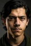 Placeholder: Portrait of a a young man with olive skin and black hair combed back,
