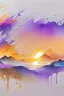 Placeholder: 2:3 Full size, watercolor on transparent background paper, chromatic, zoom, sharp, splash of colors on a white background, a detailed golden purple sunset fire style, Beach with light blue water, Mountains, graffiti elements, powerful zen composition, dripping technique, & the artist has used bright, clean elegant, with blunt brown, 4k, detailed –n 9, ink flourishes, liquid fire, clean white background, zoom in, close-up,