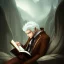 Placeholder: half body shot of calm elf with white hair in brown suit reading a legendary book, fantasy character, somber, gloomy lighting, epic perspective, trending on artstation