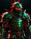 Placeholder: Green and red knight armor for chara from undertale, glowing red eyes, covered in spiked metal armor, with a throne on the back