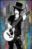 Placeholder: Mixed media picture, the background is black and white line art cyber city In the middle a colorful photo of an attraktive goth asian man playing on the old guitare , wearing goth dark cloths, shiny black jeans, steampunk black hat and black boots, his hair is deep blue-silver lines ans black colors, enhancing the contrast between her and the black and white cityscape space