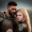 Placeholder: A photo realistic portrait of a stunning blonde girl and muscular dark haired man in a lovers embrace standing in front of a medieval castle