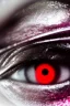 Placeholder: Extreme close-up of the human eye and robotic eye of a cyborg assassin, soulless, gleaming metallic pink to metallic red, cyberpunk technopunk, AbstractTech, rectangular, style of The Terminator