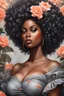 Placeholder: Create an expressive oil painting art image of a curvy black female wearing a grey off the shoulder blouse and she is looking down with Prominent makeup. Highly detailed tightly curly black afro. Background of large peach and grey flowers surrounding her