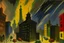 Placeholder: A thunderstorm in a city with traffic lights and clocks painted by Lyonel Charles Feininger