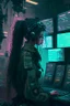 Placeholder: Cyberpunk girl in a room with five live feeds from soldiers