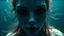 Placeholder: close up face shadow eyes, void, pain, hyper-realistic detail, floats in deep sea, Dark sea ten and in her hair, drils and shadow around, abyss, fog, Style crepy stunning, dark, surreal vibe underwater and meticulous detail clean pale skin and face. dark shadow and weird mood