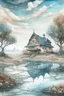 Placeholder: The place where the Dream and its followers live. A reflection of the sky. Watercolor, new year, fine drawing, beautiful landscape, pixel graphics, lots of details, pastel aqua colors, delicate sensuality, realistic, high quality, work of art, hyperdetalization, professional, filigree, hazy haze, hyperrealism, professional, transparent, delicate pastel tones, back lighting, contrast, fantastic, nature+space, Milky Way, fabulous, unreal, translucent, glowing