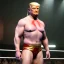 Placeholder: Realistic photo, Donald trump wrestler, wrestling, naked torso, red breeches, suspenders, retro style, 80s, hot ambient, photo studio, red, gold, vibrant color, gradient, highly detailed, art stations, concept art, smooth, unreal engine 5, god rays, ray tracing, RTX, lumen lighting, ultra detail, volumetric lighting, 3d, finely drawn, high definition, high resolution.