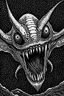 Placeholder: Moth / shark hybrid demon in the style of Berserk manga. B/w.