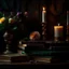 Placeholder: rave on books with flowers and lit candles dark moody art with browns green earthy tones, deep purples, hyper realistic maximalist concept art