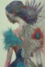 Placeholder: Girl with thorns on her back; girl wearing in intricate gown mixed media such as feathers, thorns, flowers, colorful thread, and gemstones; neo-surreal; quilling, masterpiece, Intricate, provocative