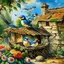 Placeholder: captivating cinematic painting masterfully blending traditional illustration, 3D rendering, and wildlife photography, depicts a picturesque old stone farmhouse with a thatched roof. The harmonious blend of artistic styles creates an atmosphere of serene tranquility, warmth, nostalgia, and timeless beauty. In the cozy home on the roof, three adorable baby swallows rest in their nest, watched over by a swift adult swallow soaring around them. Vibrant hollyhocks cascade along the walls, and hay in